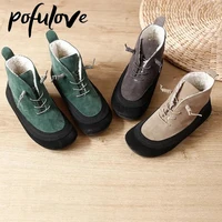 Pofulove Women's Boots Winter Shoes Plush Warm Fur Boots Ankle Booties Punk Shoes Green Grey Botas Fashion Design Comfort Shoes
