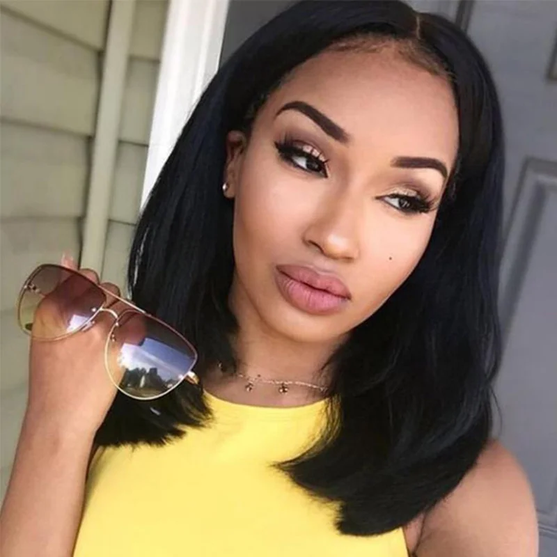 

Wig female black lady medium long straight hair high temperature silk chemical fiber headgear