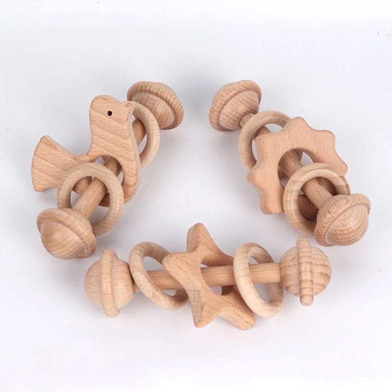 

Baby Wooden Beech Rattle Ring Soother Molar Teether Toddler Teething Nursing Toy Shower Gifts