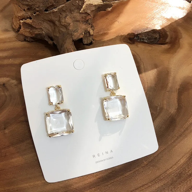 

Korean New Luxury Transparent Glass Crystal Party Earrings Design Fashion Jewelry Double Square Earrings for women gift