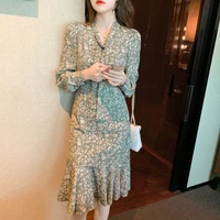 fashion woman dress v neck floral midi dress 2021 spring and autumn bow tie printed flowers long sleeved fishtail dress female