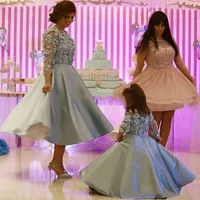 Sky Blue Mother and Daughter Dress for Special Occasion Floral Lace Long Sleeve Birthday Party Evening Gowns