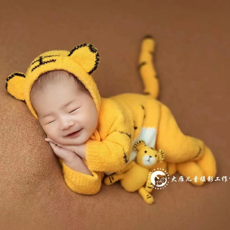 ❤️Newborn Photography Clothing Tiger Hat+Jumpsuit+Tail 3Pcs/set Studio Baby Photo Props Accessories Infant Shoot Knit Clothes