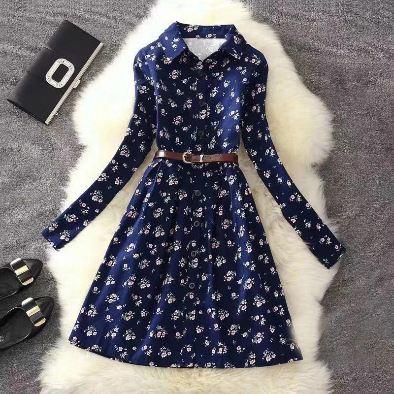 

Women's Spring Autumn Dress Women's Printed Sashes Long Sleeve Button Turn-Down Collar Casual Sweet Dress AA3506
