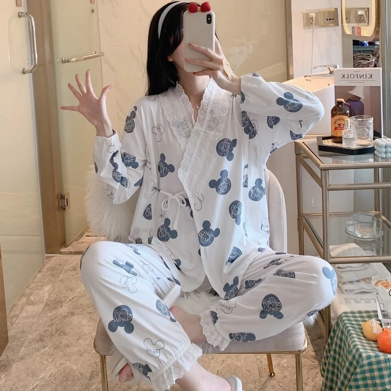 

Disney Mickey Women Cotton Gauze Confinement Clothing Nursing Pajamas Spring Summer Long-Sleeved Section Postpartum Pregnant