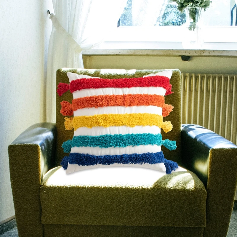 

35x45cm Ethnic Morocco Lumbar Pillow Case Handwoven Tufted Colorful Triangle Stripes Tassels Decorative Cushion Cover