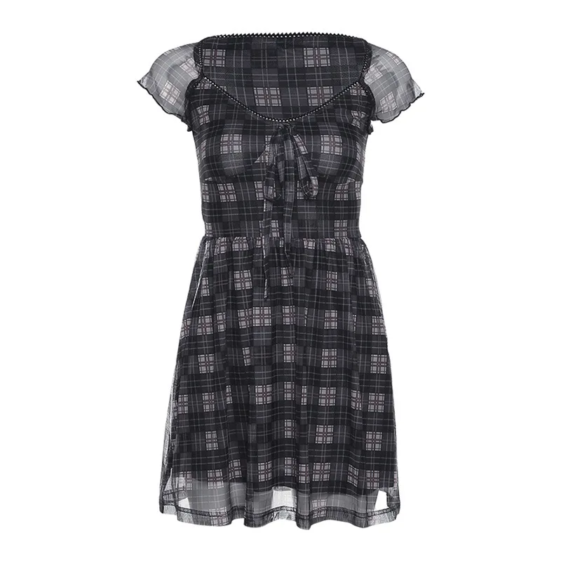 

New Women Cute Plaid Low-cut Dress Lace Decor Mini Dress Lace Chiffon Cute Sleeveless Sexy Mini Dresses Lace Up Party Dress