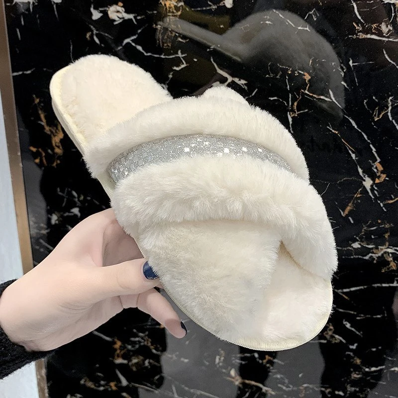

2021 New Women's Cotton Furry Slippers Shoes Women's Fashion Cross Sequins Warm Home Slippers Flat Tide Woman Shoes