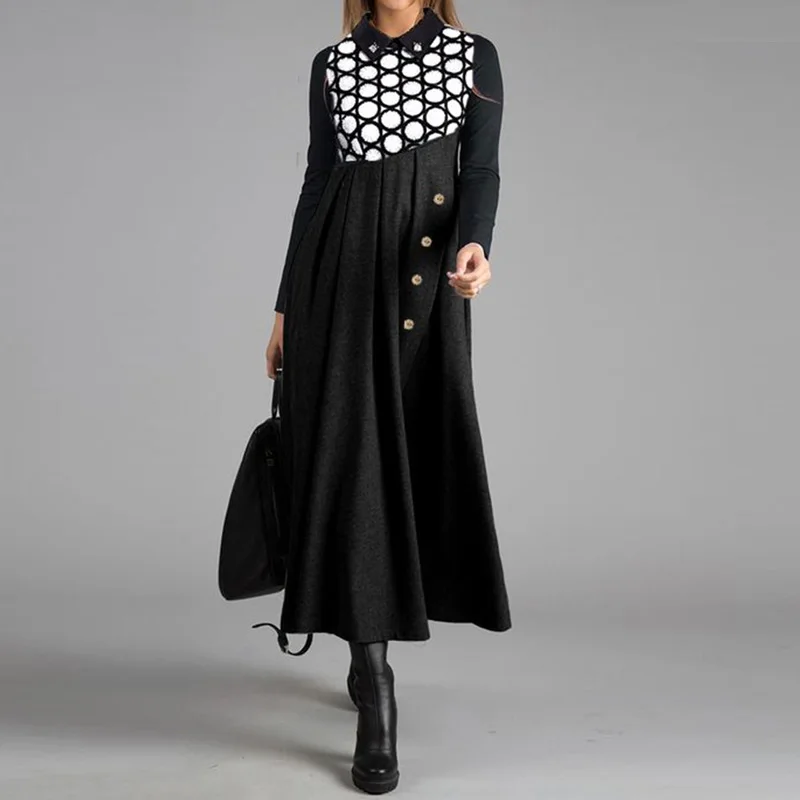 

Fashion Oversized Elegant atmosphere Ladies Printed Patchwork Casual Dress Autumn Long Sleeve Party Women Fashion A-Line Skirt