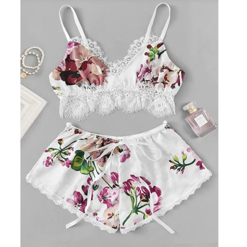 Пижама женская атласная кружевная с принтом на бретельках | Женская одежда