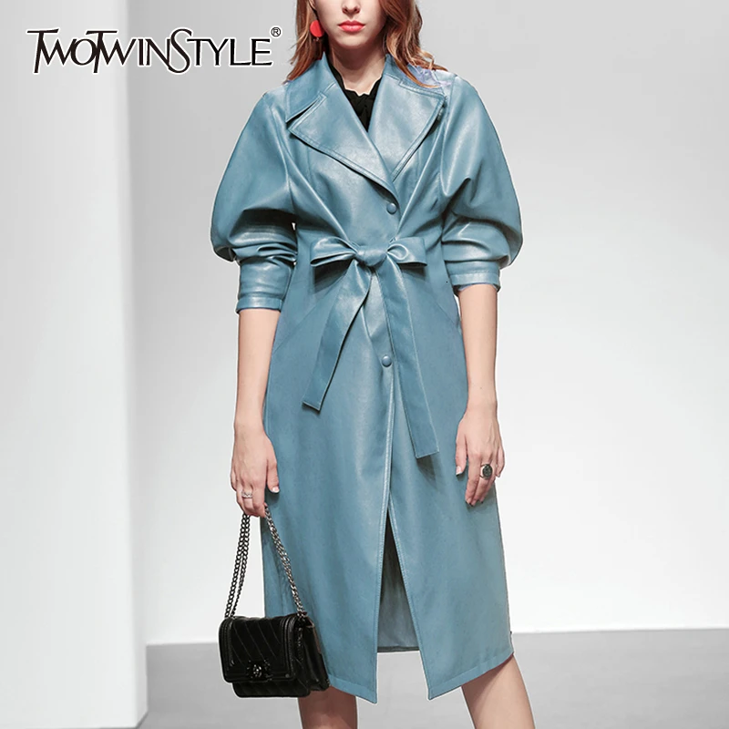 TWOTWINSTYLE элегантный синий лук ветровки женский воротник с лацканами длинным