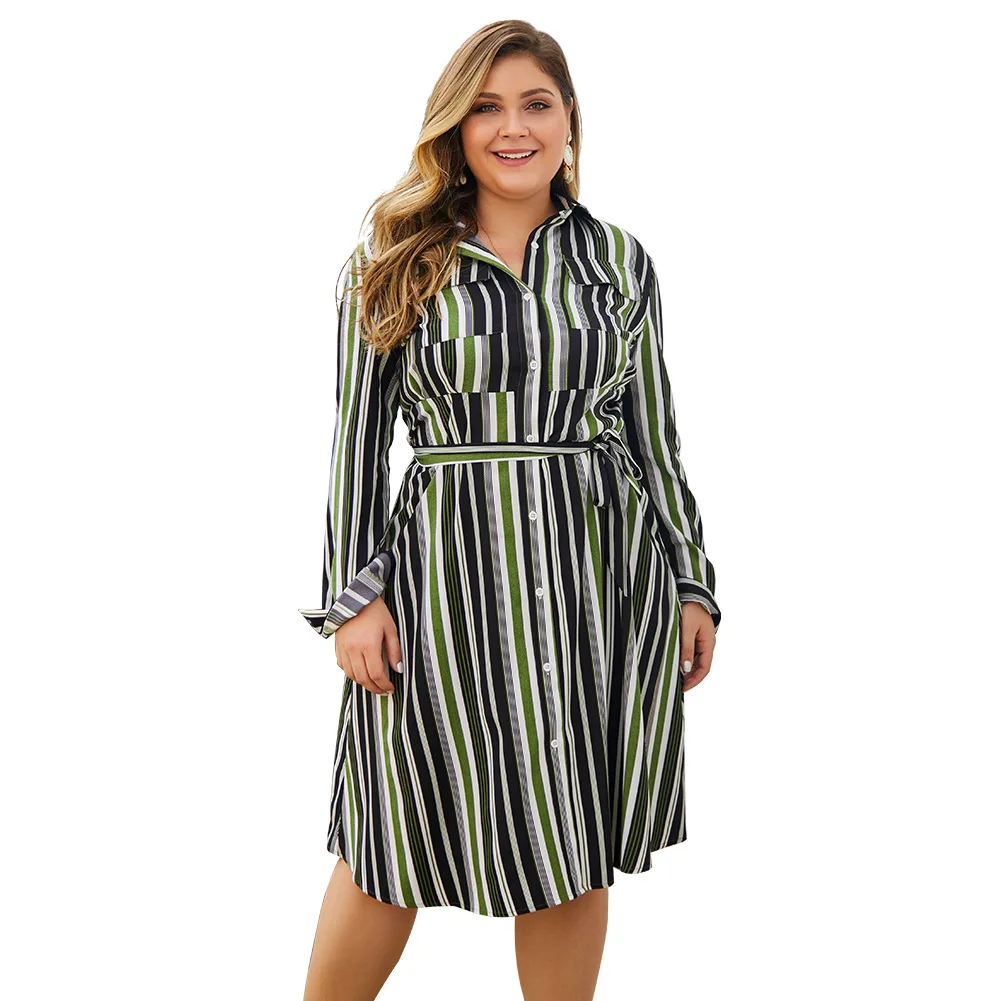 

Lady's Size Plus Stripel Print Chiffon Long Sleeve Dresses Shirt Dress