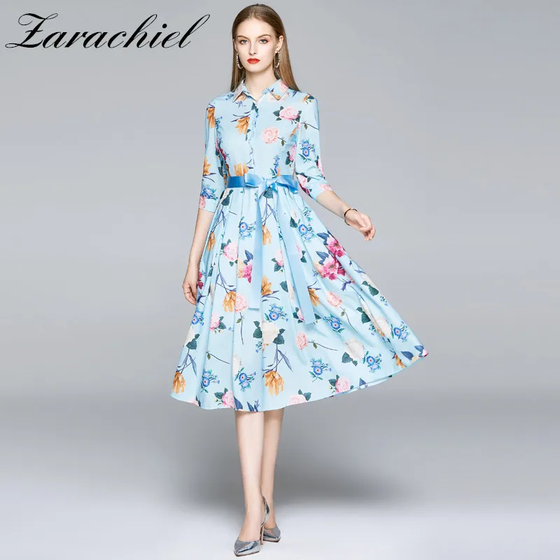 Женское платье рубашка средней длины голубое трапеция с цветочным принтом