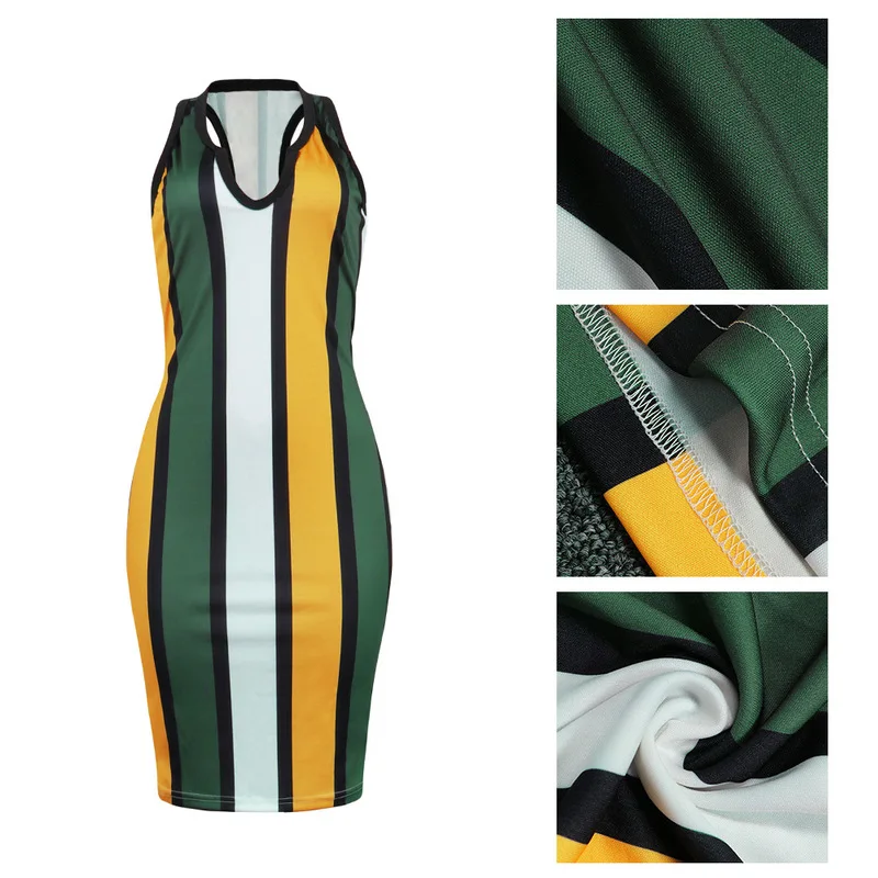 

Colorful Vertical Striped Summer Dresses For Women Deep V Neck Sleeveless Bandage Dress Casual High Waist Package Hip Robe Femme