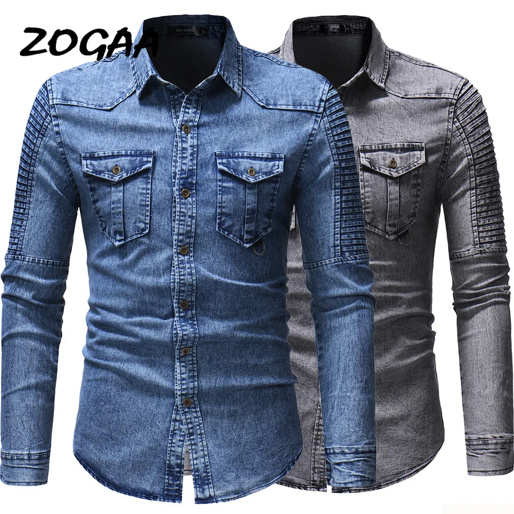 Джинсовая рубашка ZOGAA Мужская приталенная с длинным рукавом со складками весна