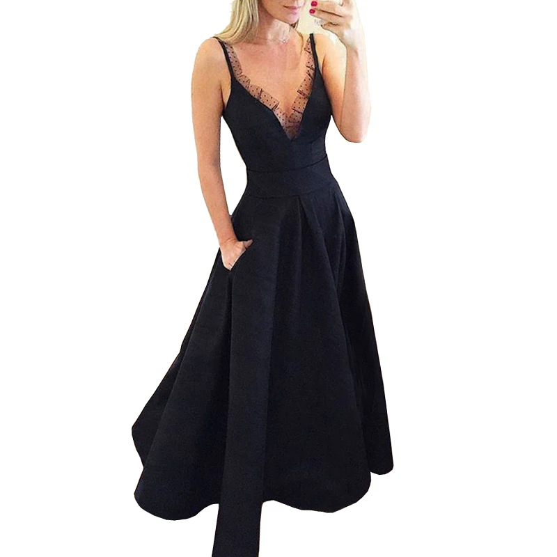 

Simple Black Long Evening Dress Lace Vestido De Festa Sexy Illusion A-line Evening Gowns Robe De Soiree