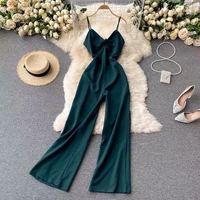 women summer strap long pants jumpsuits loose sexy beach elastic sleeveless solid backless wide leg rompers 2022 y256