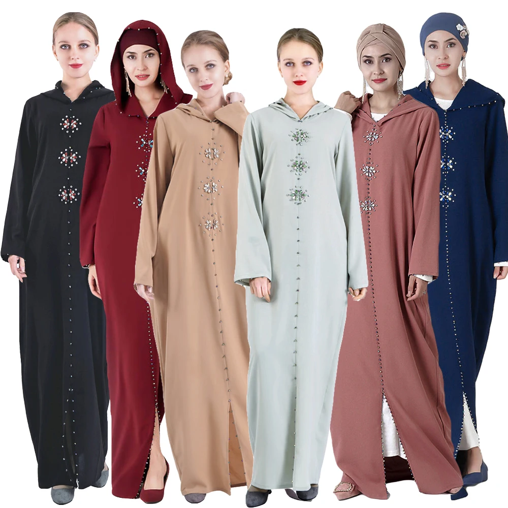 Платье женское длинное с капюшоном, мусульманская абайя, вечерняя одежда с марокканскими малайскими стразами, одежда джалабия, Дубай, ислам...