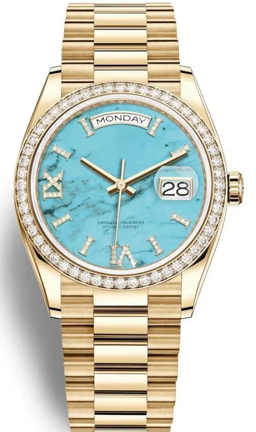 

New Men's Automatic Mechanical Watch Day-date Gold Blue Rome Pearl Stainless Steel Diamonds Bezel Sapphire Crystal 36mm