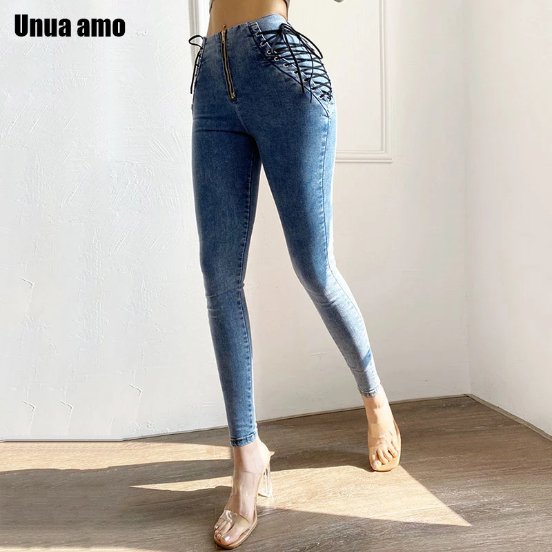 Unua amo Tight Jeans Female High Waist Bandage Stretch Skinny Pencil Pants 2021 Stylish Side Lace Up Sexy Slim Jeans Size S-5XL