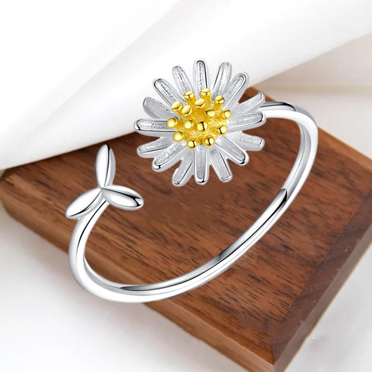 

Simple Female Flower Adjustable Ring Promise Small Silver Color Engagement Ring Minimalist Leaf Open Wedding Rings For Women