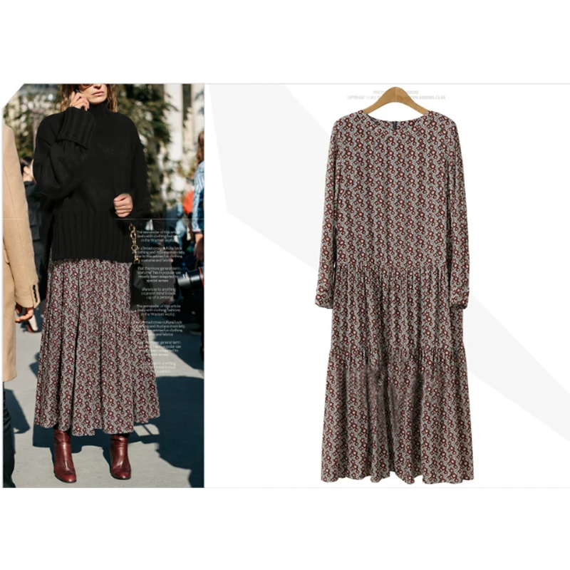 2022 Plus Size 4XL O-Neck Women Print Flowers Shirt Dress Fall Elegant Vintage Long Sleeve Loose Casual Female Dress Robe