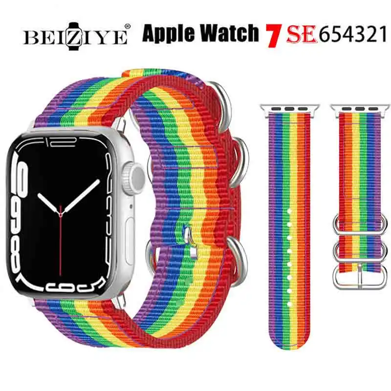 

Ремешок нейлоновый для apple watch, Радужный Браслет для iWatch series SE 7 6 5 4 3 2 1, 41 мм 45 мм 38 мм 40 мм 42 мм 44 мм