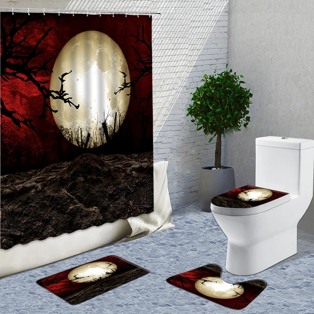 

Halloween Shower Curtain Pumpkin Flower Skull Head Terror Background Shower Curtain Set Bath Mats Rugs Bathroom And Toilet Decor