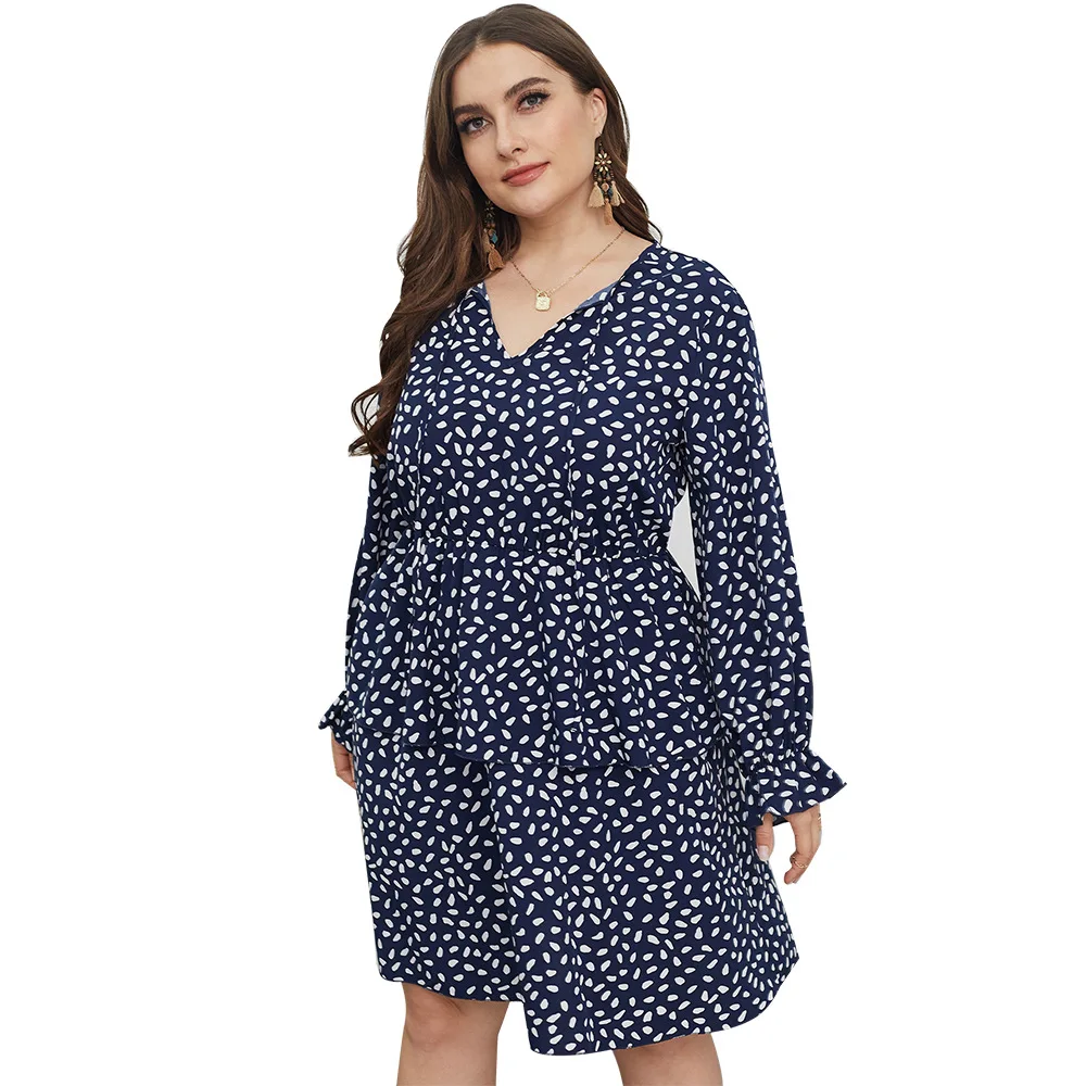 

2021 New Women Long Sleeve V-neck Spring Summer Print Plus Size Dress Office Lady Casual A-line Slim Waist Dresses Fashion Navy