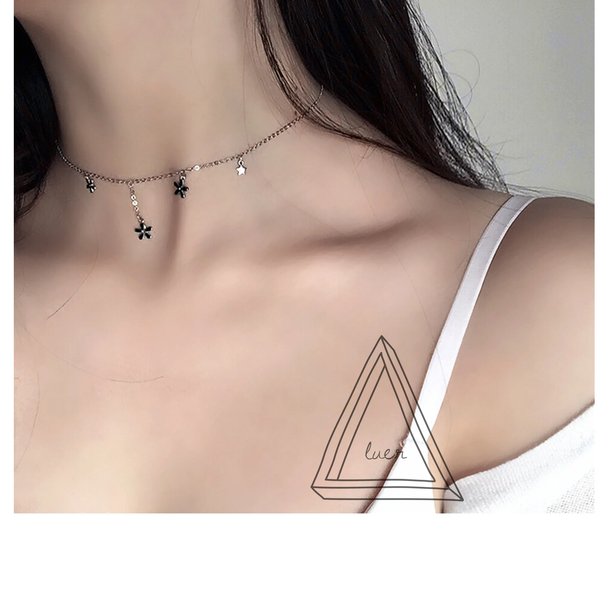 CASHOU06 Посеребренная цепочка для ключицы из белого золота с черным