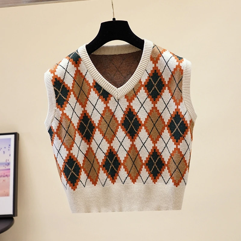 

Korean Women Knitted Sleeveless Vest Vintage Contrast Color Argyle Plaid Jacquard Sweater V-Neck Preppy Style Casual Loose Pullo