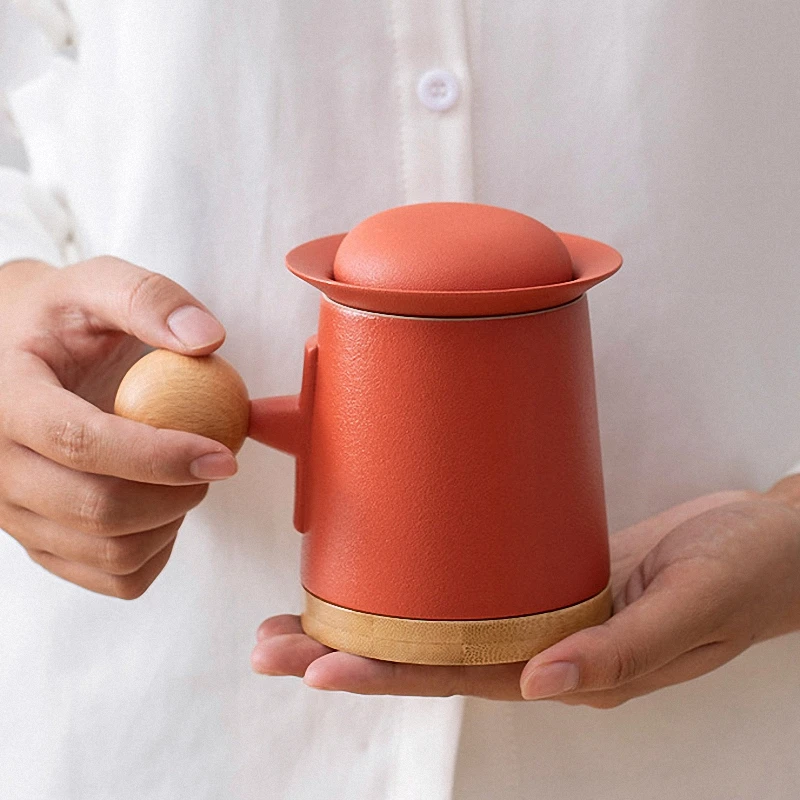 

280cc Creative Office Flower Tea Mug Personality Frosted Teacup Wooden Ball Handle Office Drinkware