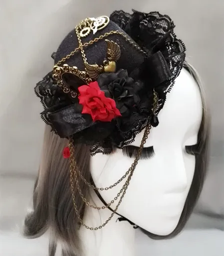 

Black Lace Mini Fedora Fascinator headwear Steam punk Rose Gear Chain Fringe Hat hair Clips Cosplay party Girls Veil Headpieces