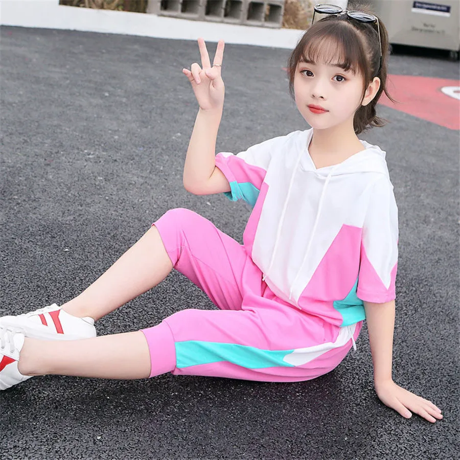 

2020 summer Kids Girls Clothes Set Hooded t shirt+shorts 3 4 5 6 7 8 9 10 11 12 years Suits Teenage Tracksuits Children Clothing