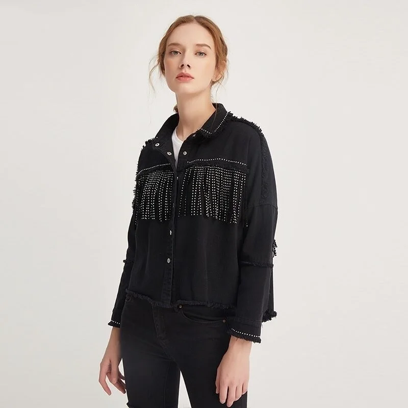 

Hot Sale Women Fashion Tassel Beaded Oversized Denim Jacket Coat Women Vintage Long Sleeve Frayed Hem Female Outerwear Chic Tops