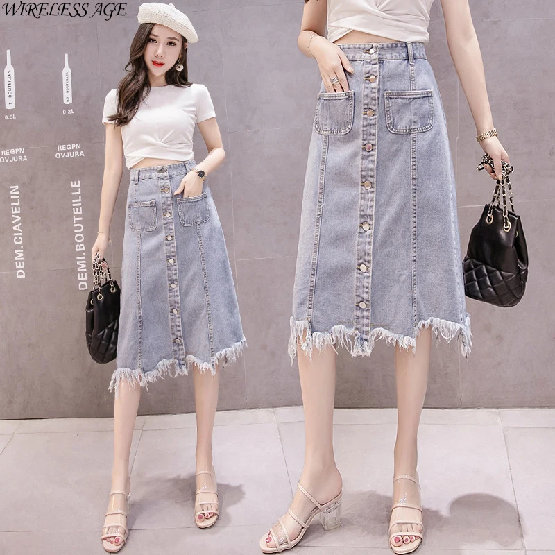 

WIRELESS AGE Denim Skirt Fringed Burr High Waist Sexy Retro Women's Pocket A Line Skirt Mid Length Chic New Fashion Daily Wild