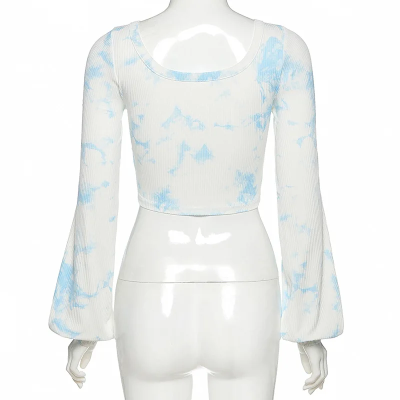 

New Tie Dye V-neck T-shirts Casual Sexy Long Sleeve Rib Knitted Slim Tops 2021 Autumn Women Fashion Cardigan Elegant Blue Tops