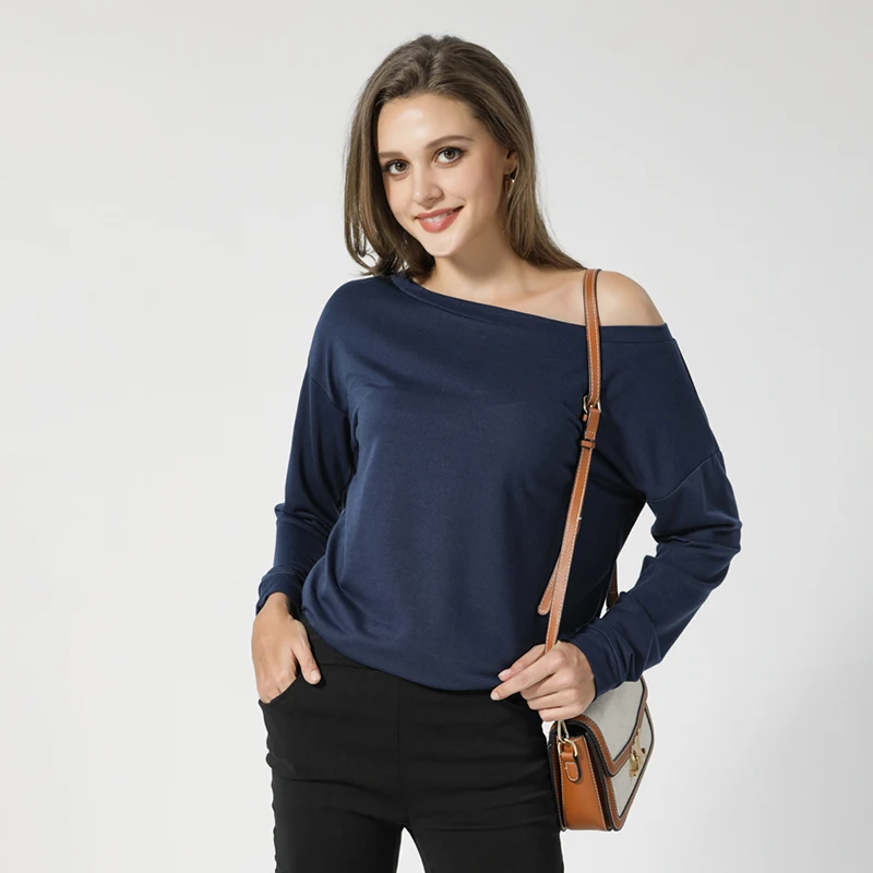 

Однотонная Базовая Повседневная футболка FAKUNTN с косым воротником и длинным рукавом, женская футболка, повседневный топ с открытыми плечами,...