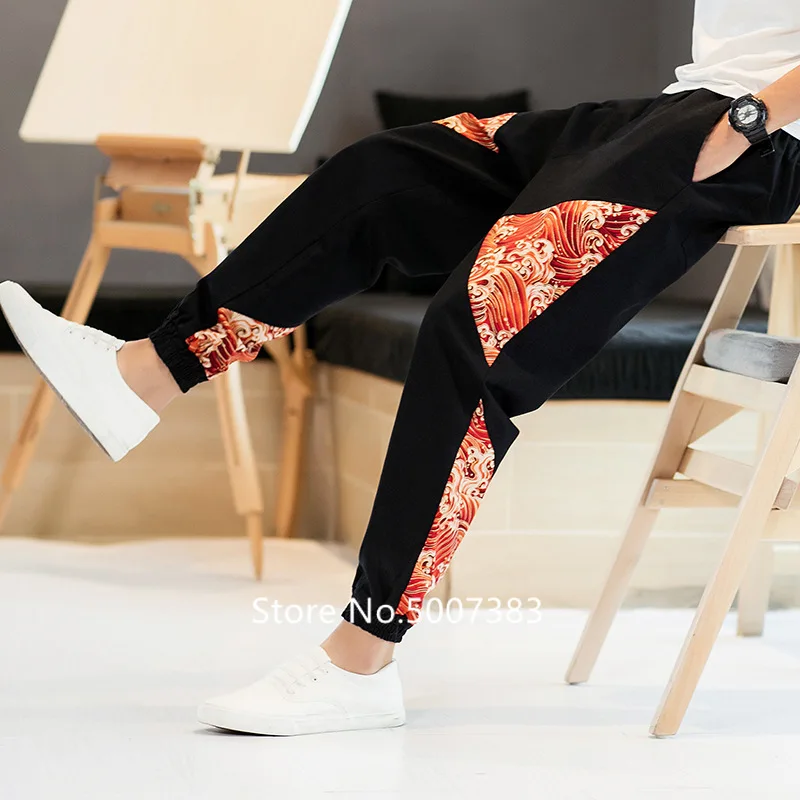 New Japanese Style Kanagawa Linen Loose Feet Pants Large Size Fashion Men's Printed Harem Trousers Elastic Waist Plus | Тематическая