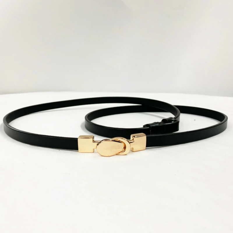 

Luxury Adjustable Thin Belts For Women Genuine Leather Waist Belt Fashion Gold Tone Alloy Buckle Girdle Waistband Dress Black