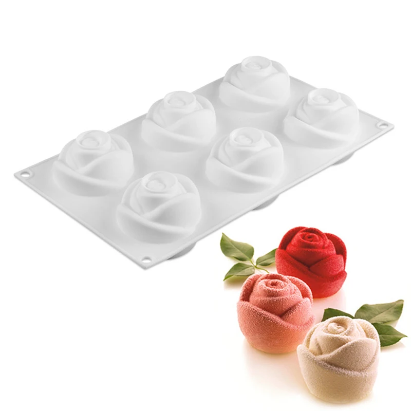 

6 Cavity 3D Rose Flower Silicone Cake Mold for Chocolate Mousse Pastry Dessert Ice Cream Baking Mould Bakeware Decorating Tools