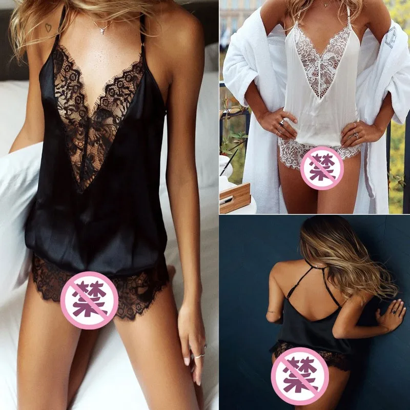 

Floral Lace Bodysuits Women 2020 Popular Sexy V-Neck Splicing Suspender Black White Mesh Jumpsuit