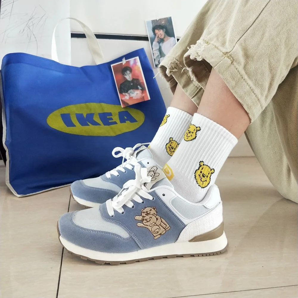 

Женские кроссовки с вышивкой медведя, мягкие Лоскутные туфли, брендовые милые синие кроссовки на толстом каблуке для девочек, дизайнерские ...