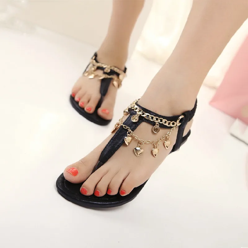 BEYARNE designer metal chains gladiator sandals women heart pendant sandalia feminina black/gold glitter flip flops summer shoes | Обувь