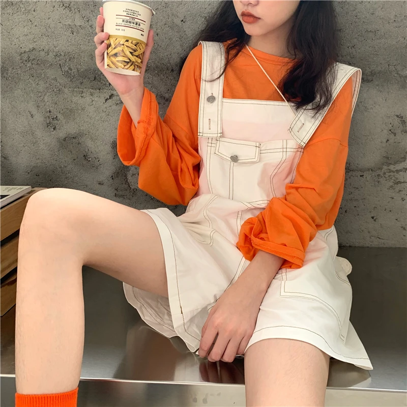 

Korean Streetwear Harajuku Tooling Cargo Short Straight Overalls High Waist Bright Line Decoration Loose Pocket Harem Rompers