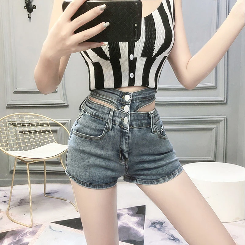 

High Waist Denim Short Jean Women Hollow Out Sexy Streetwear Loose Wide Leg Short Vintage Summer 2021 Short KZ370