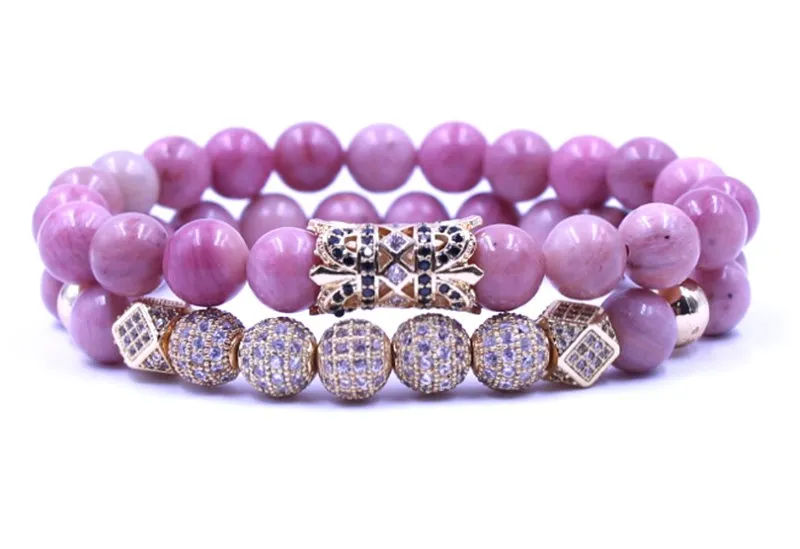 

8 мм 2 шт./компл. mj4 Золотой Эластичный регулируемый натуральный Родохрозит микро проложить cz Циркон кубический цирконий браслет ювелирные и...