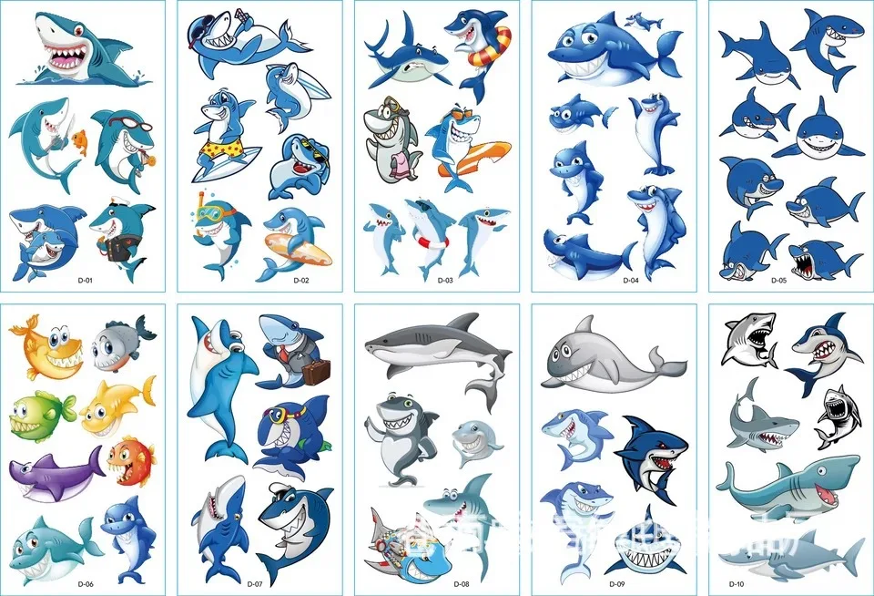 

10pcs/set Tatuajes Temporales Cute Shark Fake Tattoo Kids Women for Body Arm Hands Leg Face Long Lasting Tatouage Enfant