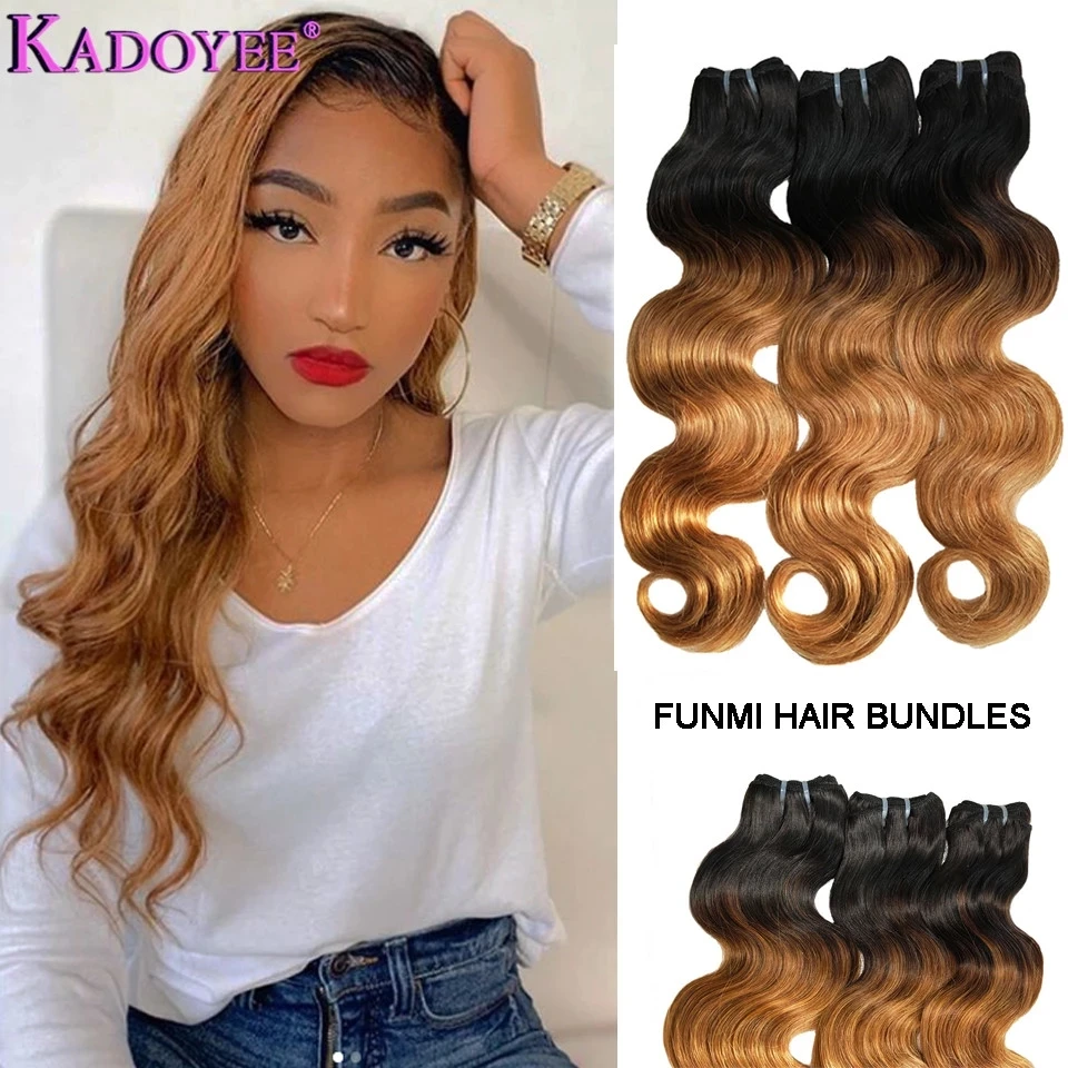 

Brazilian Double Drawn Ombre Funmi Hair Wave Bundles Body Wave Human Remy Hair Extensions 1/3/4 PCS 1B 27 Color For Black Women
