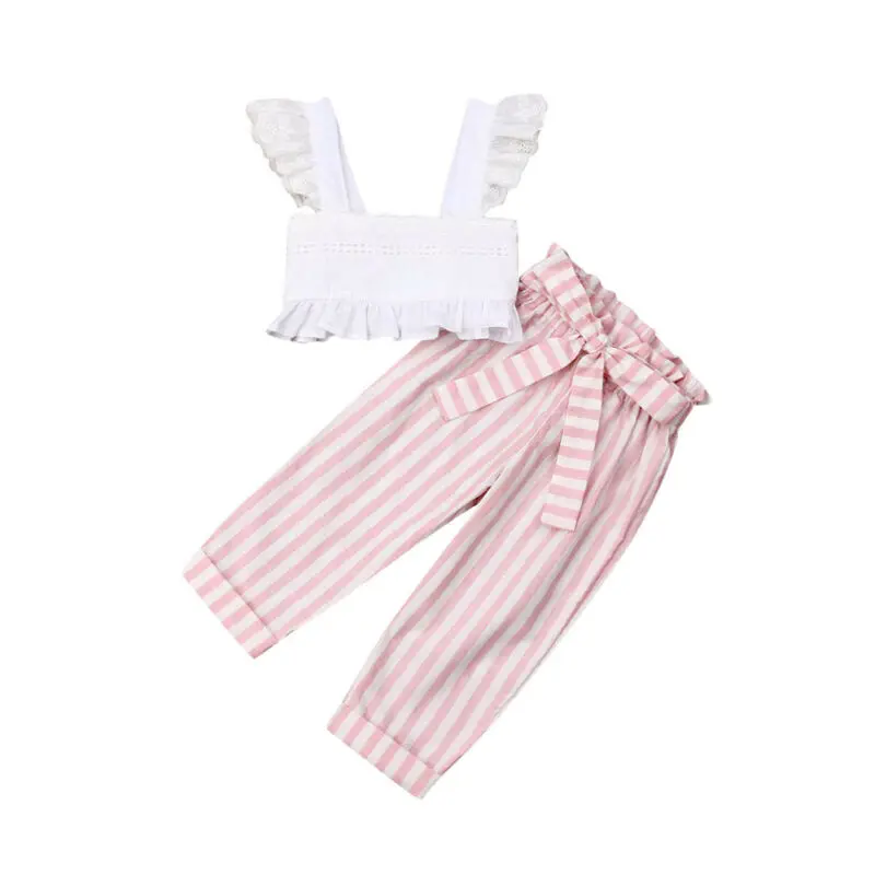 

2Pcs Sets Summer Clothes Girls Lace Strap Ruffle Crop Tops Girl Striped Long Pants Toddler Outfits Kids Clothes Set